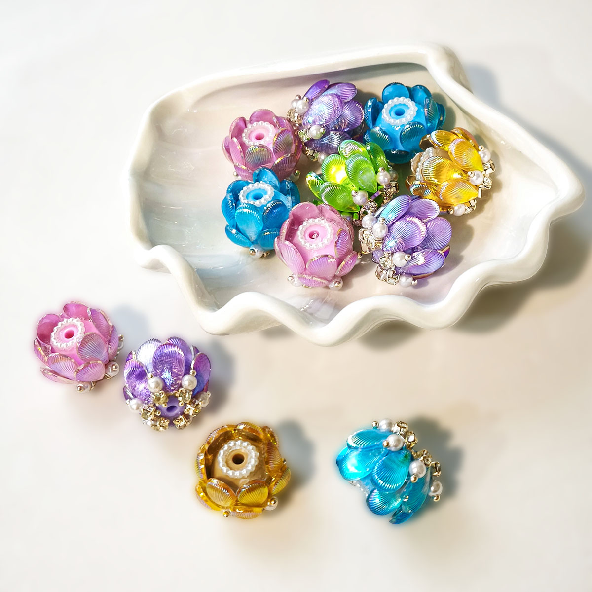 AA0223 Heavy-Duty Shimmer Gradient Lotus Lamp Open-Hole Flower Ball Beads - DIY Accessories for Bead Pens, Phone Straps, Keychains & Bag Charms