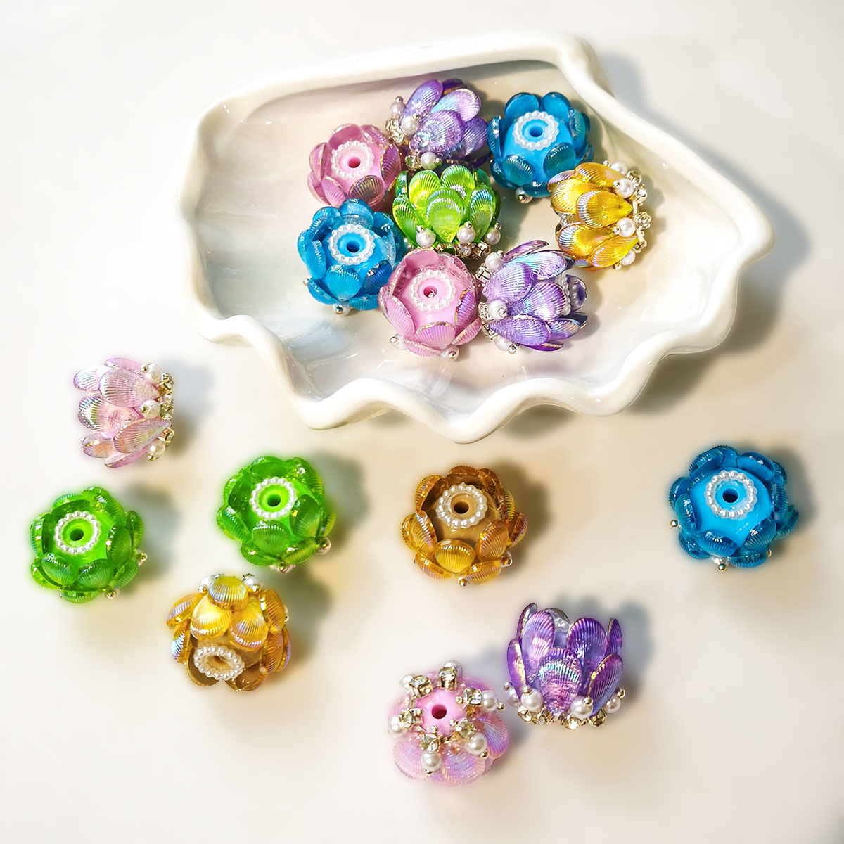 AA0223 Heavy-Duty Shimmer Gradient Lotus Lamp Open-Hole Flower Ball Beads - DIY Accessories for Bead Pens, Phone Straps, Keychains & Bag Charms