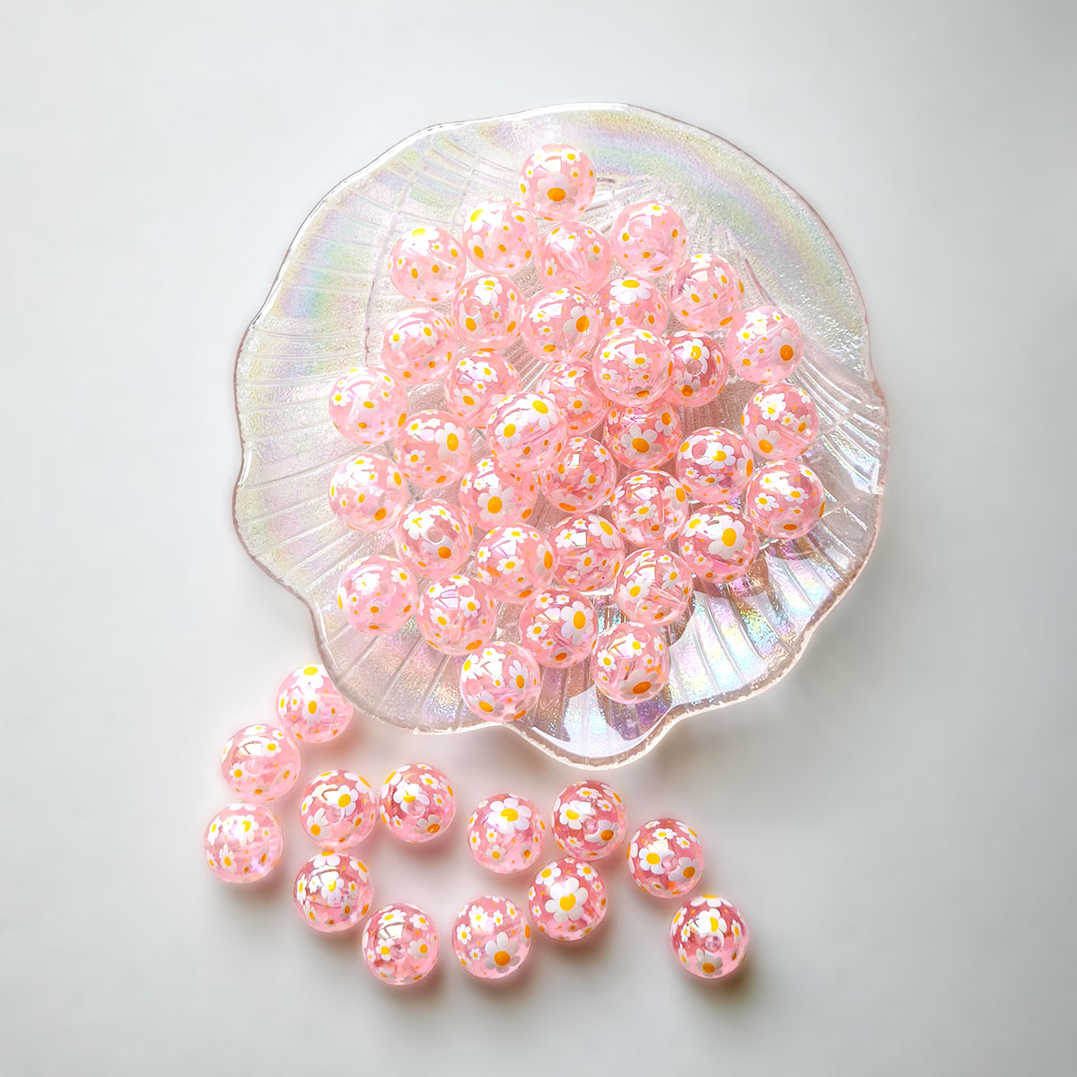 AA0226 16mm Transparent Pink Daisy Printed Straight Hole Round Beads, Loose Beads for DIY Bead Pens, Phone Straps, Keychains & Bracelet Jewelry Supplies