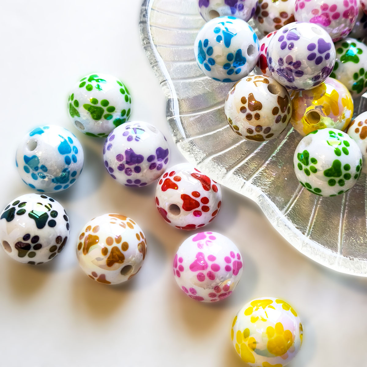 AA0225 16mm Solid Acrylic Printed Paw Print Round Straight Hole Beads, Colorful Dot Loose Beads for DIY Bead Pens, Phone Lanyards, Keychains & Jewelry Making Supplies