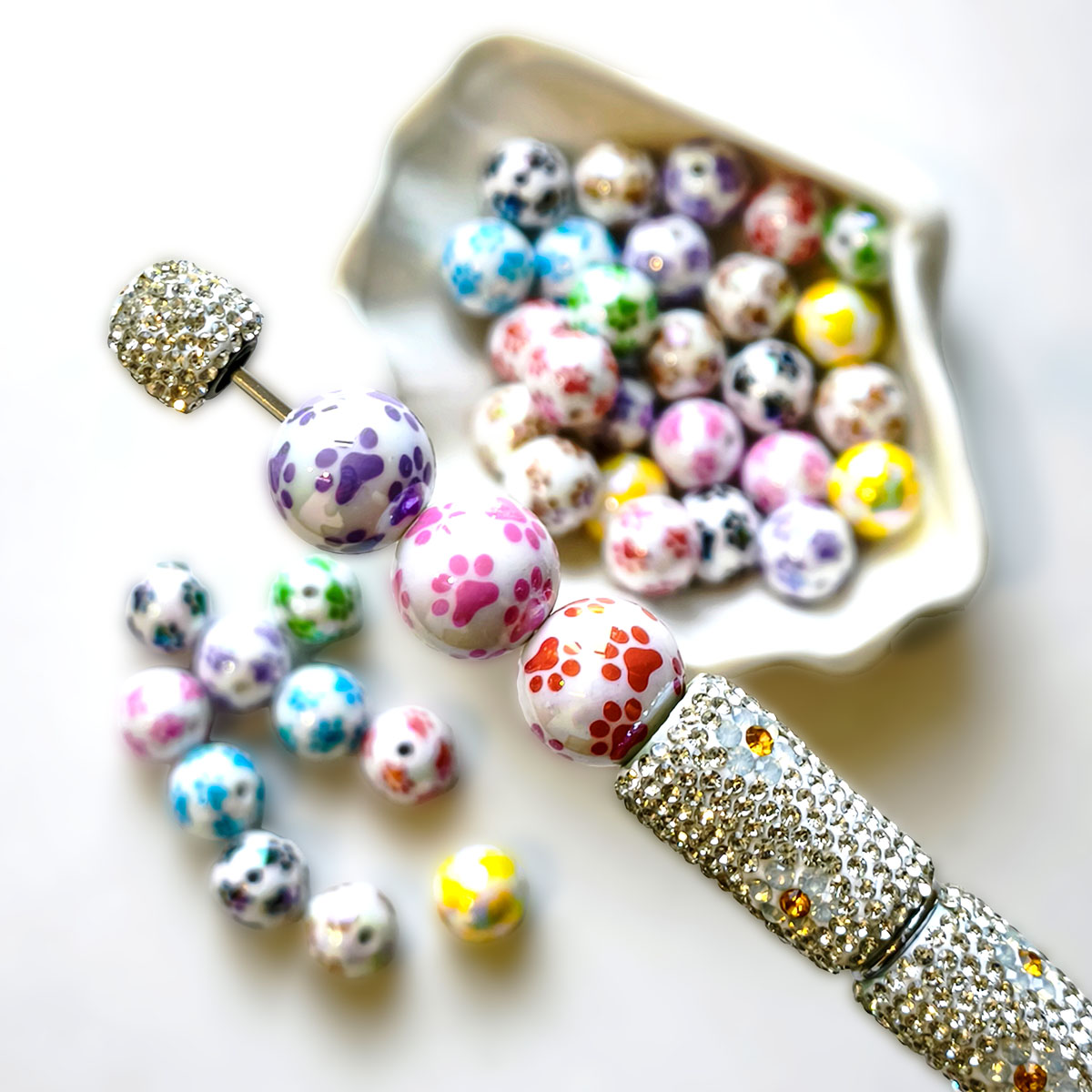 AA0225 16mm Solid Acrylic Printed Paw Print Round Straight Hole Beads, Colorful Dot Loose Beads for DIY Bead Pens, Phone Lanyards, Keychains & Jewelry Making Supplies