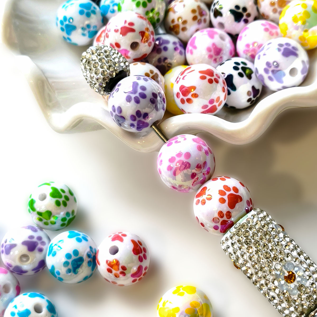 AA0225 16mm Solid Acrylic Printed Paw Print Round Straight Hole Beads, Colorful Dot Loose Beads for DIY Bead Pens, Phone Lanyards, Keychains & Jewelry Making Supplies